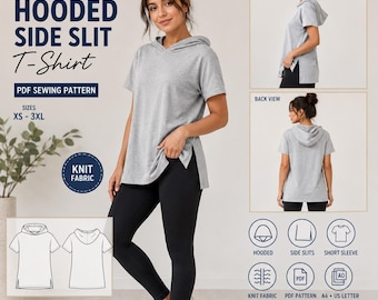 Women's Hooded Side Slit T-Shirt PDF Sewing Pattern, Short Sleeve Knit Hoodie, Relaxed Fit Top, XS-3XL, A4 A0 US Letter