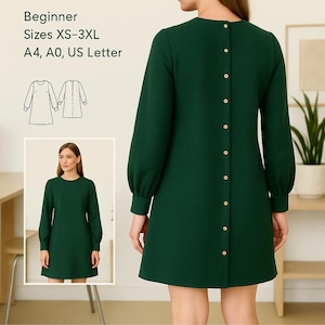 Patrón digital para vestido de manga larga (PDF), vestido con botones en la espalda, vestido de corte A, vestido trapecio de manga larga, vestido con mangas con puños.