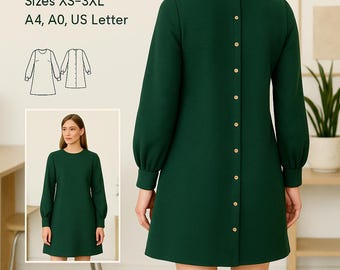 PDF Long Sleeve Dress, Woven Back Button Dress, A Line Dress Digital Pattern, Trapeze Dress Long Sleeve Pattern, Cuff Sleeve Dress Pattern