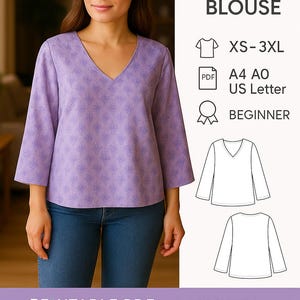 PDF-naaipatroon top met lange mouwen, naaipatroon blouse, v-hals top naaipatroon, blouse met lantaarn mouw pdf-patroon, shirtpatroon dames