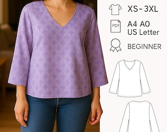 Langarm PDF Schnittmuster Top, Schnittmuster Bluse, V-Ausschnitt Top Schnittmuster, Laterne Ärmel Bluse PDF Pattern, Shirt Schnittmuster Frauen
