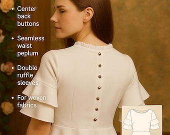 PDF Double Ruffle Sleeve Blouse Pattern, Back Buttoned Ruffle Top PDF Pattern, Digital Sewing Pattern Top, Top Sewing Pattern, Flounce Top