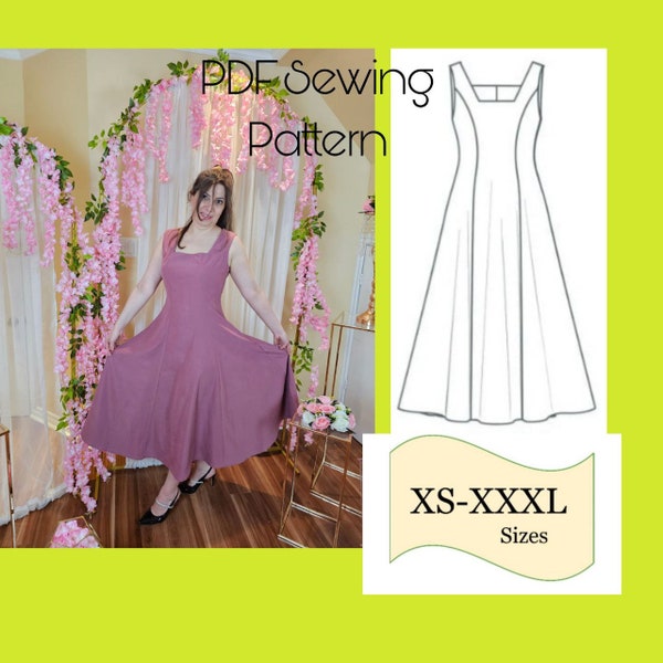 PDF Flared Dress Sewing Pattern/ Square Neck Sleeveless Dress Pattern/ Princess Dress Sewing Pattern, Dress pattern For Party, PDF Pattern