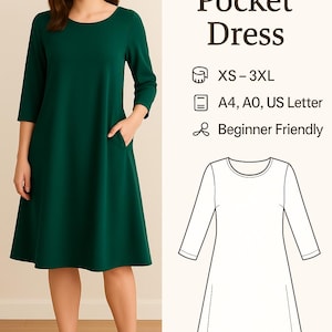 PDF Kleid Schnittmuster, Schnittmuster Kleid, Trapez Kleid Schnittmuster, Kleid Schnittmuster Damen, Rundhals Kleid, PDF Nähmuster Tasche Kleid