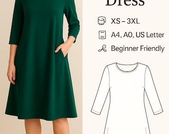 PDF Dress Sewing Pattern, Sewing Pattern dress, Trapeze dress Pattern, dress Pattern Women, Round Neck dress, PDF Sewing pocket dress