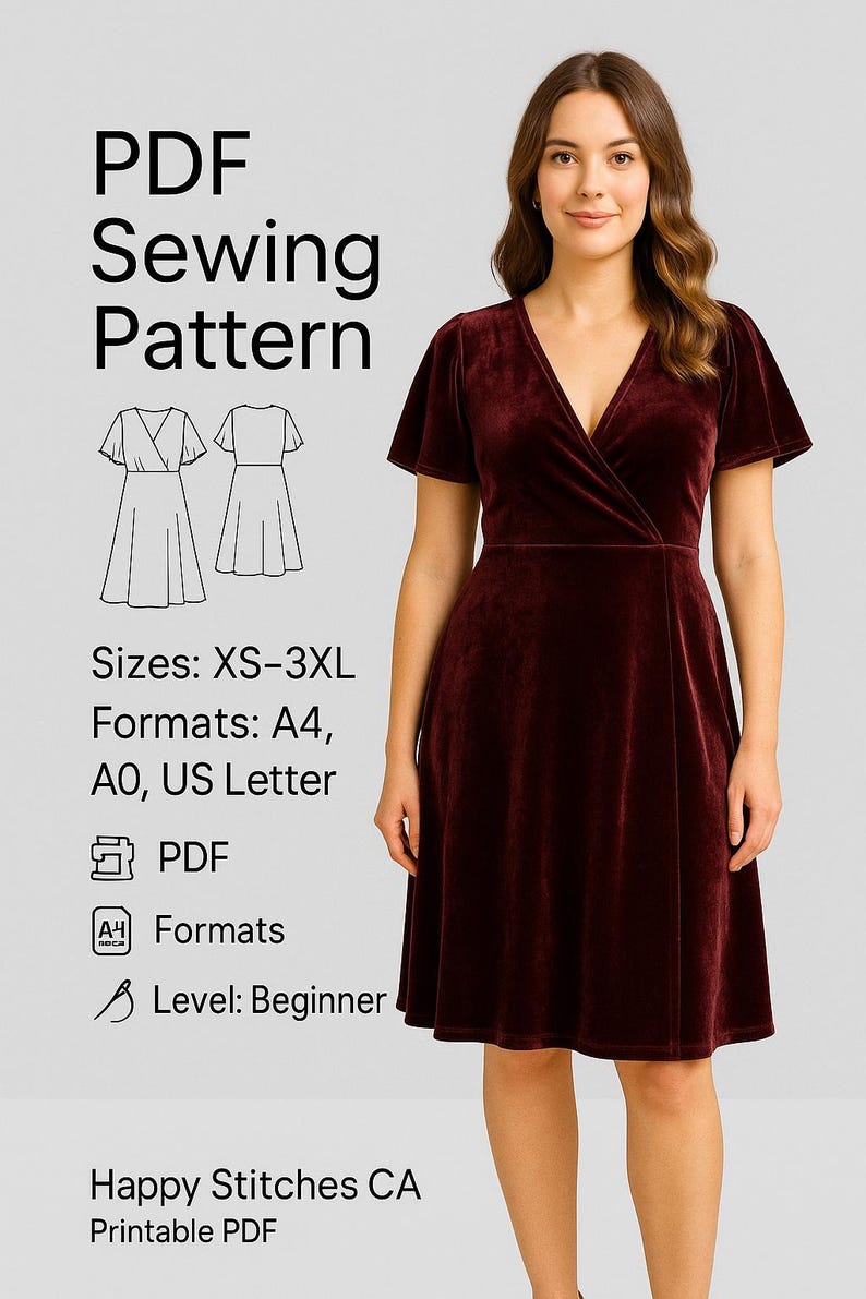Circle Dress PDF Sewing Pattern, Surplice Neck Dress Sewing Pattern ...