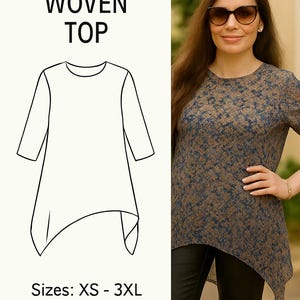 Asymmetrische Saum Tee PDF Schnittmuster, Schnittmuster für Frauen, PDF Schnittmuster Top, Bluse Schnittmuster, T-Shirt Schnittmuster, Top Pattern