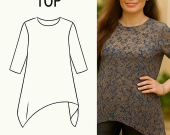 Asymmetrical Hem Tee PDF Sewing Pattern, Sewing Pattern for Women, PDF Sewing Pattern Top, Blouse Sewing Pattern, Tee Pattern, Top Pattern