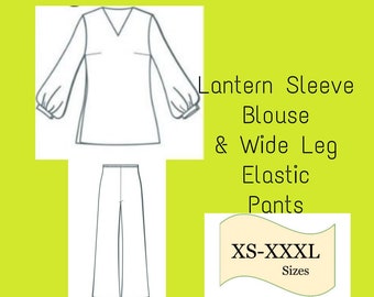 PDF 2 Pieces Sewing Pattern, Blouse & Wide Leg Pants PDF Pattern, Digital Sewing Pattern, Top and Pants Pattern, Wide leg Pants and Top PDF