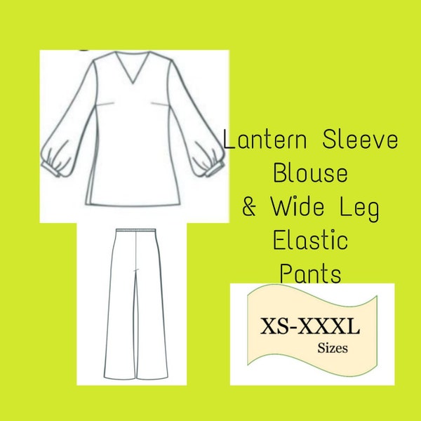 PDF 2 Pieces Sewing Pattern, Blouse & Wide Leg Pants PDF Pattern, Digital Sewing Pattern, Top and Pants Pattern, Wide leg Pants and Top PDF
