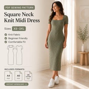 May include: A PDF sewing pattern for a square neck knit midi dress in sizes XS-3XL. The pattern includes A4, A0, and US letter PDF formats. The dress is shown in a sage green ribbed knit fabric with short sleeves and a fitted midi-length silhouette.