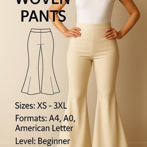 Patrón de costura en PDF para pantalones acampanados, patrón de pantalones acampanados, pantalones acampanados con cinturilla ancha, pantalones acampanados con cremallera lateral, pantalones acampanados