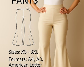 Flare Leg Pants PDF Sewing Pattern, Flared Trousers Patterne, Wide Waistband Flared Pants, Side Zipper Flared Pants Patternered, Bell Pants