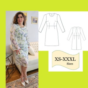 PDF Sewing Dress Pattern, A Line Dress Digital Pattern, Long Puff Sleeve Dress, Back Key Hole Dress PDF Pattern, A0 & A4 PDF Sewing Pattern