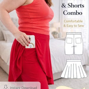 PDF-sömnadsmönster för kjol och shorts, digitalt mönster för rund kjol och fickshorts, PDF-mönster för sport, stickade, åtsittande bermudashorts, utsvängd kjol