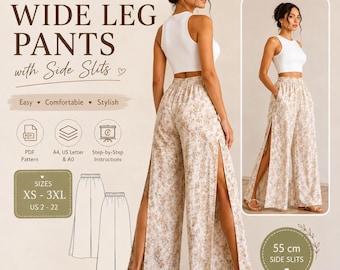 Side Slit Wide Leg Pants Pattern | Women's Woven Pants PDF Sewing Pattern | Elastic Waist | XS-3XL