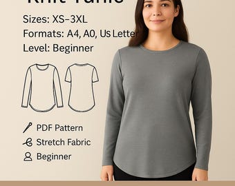 PDF Knit Dress Pattern/ PDF Sewing Pattern Stretchy Dress/ Long Sleeve Dress Pattern/ Tunic Dress Pattern/ Dress Pattern/ Blouse Pattern Tee