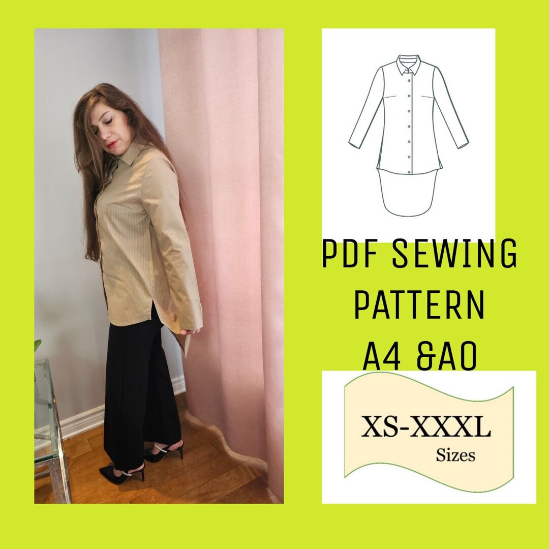PDF Shirt Sewing Pattern/ Button Front High Low Hem Shirt PDF Sewing ...