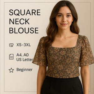 Molde de blusa com decote quadrado em PDF, molde de costura de blusa curta, molde digital de blusa com manga flare, molde de blusa com decote na altura do umbigo, molde de costura de blusa com decote na altura do umbigo