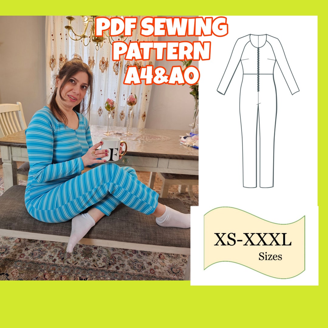 PDF Jumpsuit Sewing Pattern, Raglan Sleeve Knit Fabric Jumpsuit, Zip up