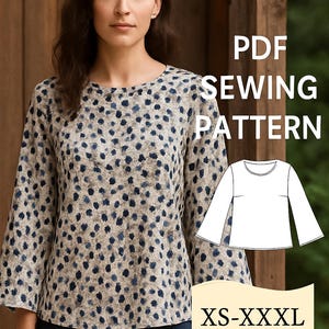 Cartamodello per camicetta in PDF. Cartamodello per cucito in PDF per top. Cartamodello per cucito da donna. Cartamodello per top estivo, Cartamodello per top digitale, Cartamodello per tunica/t-shirt da donna, Top