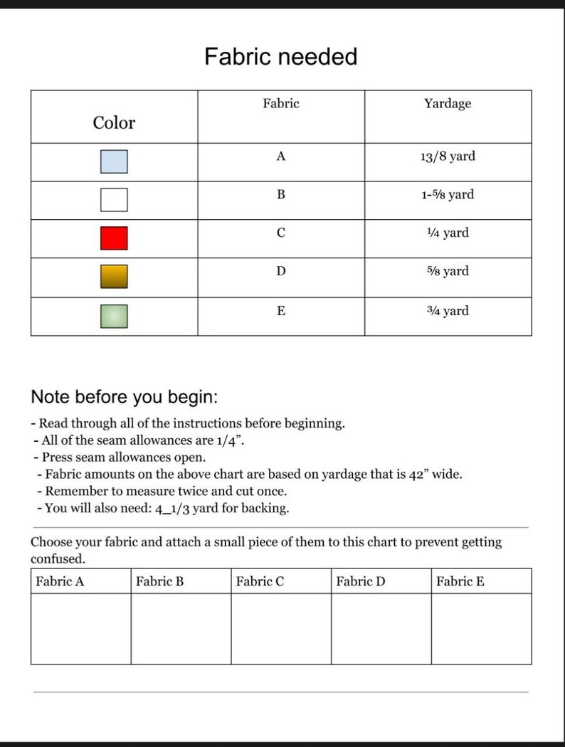 the fabric required. and a chart that you can attach your fabric A,B,C,D, and E to not get confused.