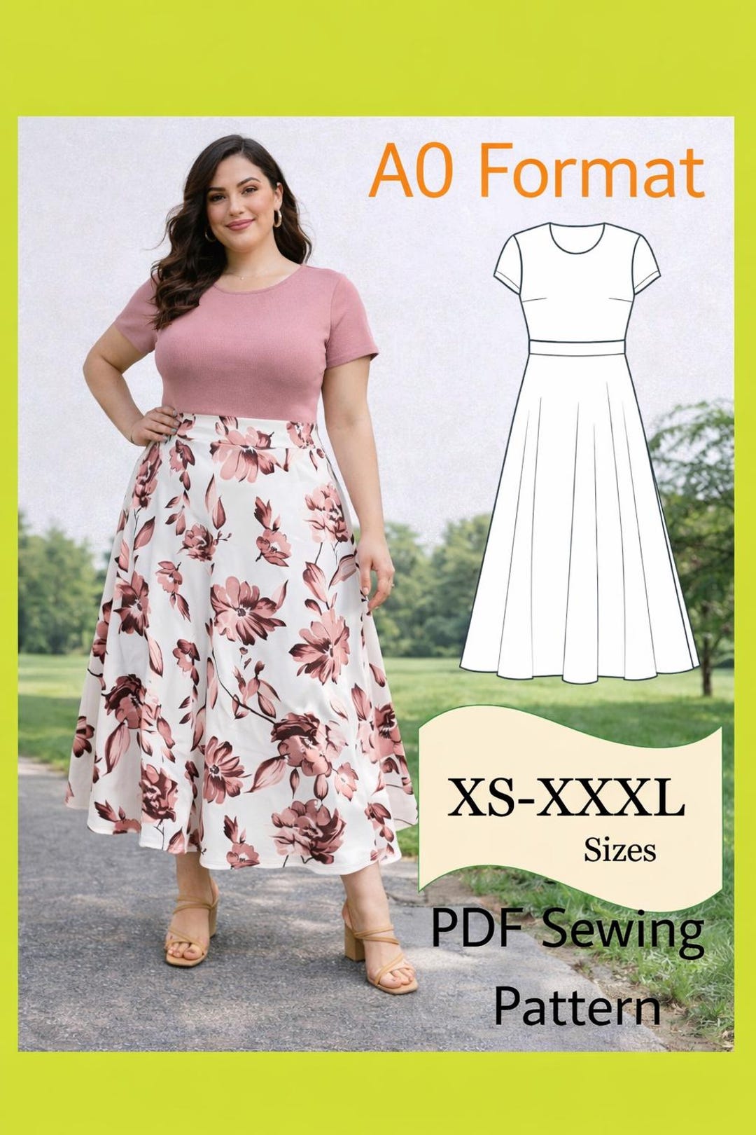 PDF Sewing Pattern Knit Dress, Ankle Length Dress Pattern PDF, Long ...