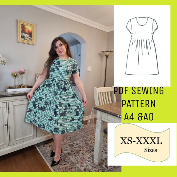 PDF Dress Pattern, Digital Sewing Pattern Knit Fabric. Gathered Dress Pattern, Knit Dress PDF Sewing pattern, Summer Dress Pattern,