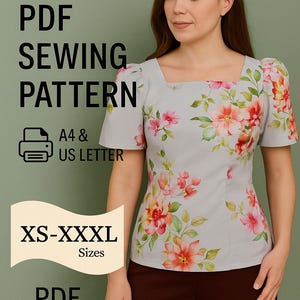 Molde de costura em PDF para blusa com decote quadrado/moldura bufante para blusa de verão em PDF, molde de costura para blusa de manga curta/molde de costura digital