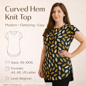 Curved Hem PDF Sewing Pattern Top, Sewing Pattern Top, Knit Tee Pattern Women, Tee Pattern Starchy Fabric, Digital Sewing Pattern Top,