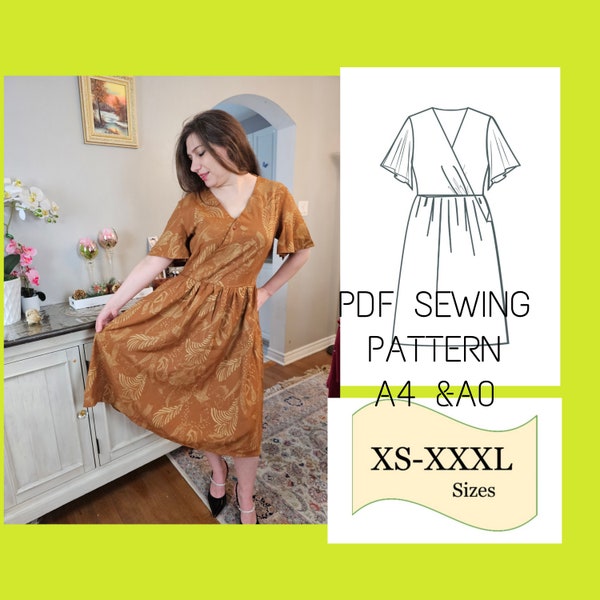 PDF Sewing Pattern Dress, Surplice Neck Gathered Dress Digital Pattern, Dress PDF Pattern, Butterfly Sleeve Dress PDF Sewing Pattern, Dress