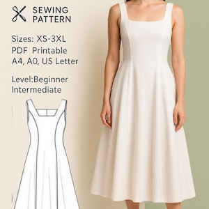 PDF Flared Dress Sewing Pattern/ Square Neck Sleeveless Dress Pattern/ Princess Dress Sewing Pattern, Dress pattern For Party, Patternered