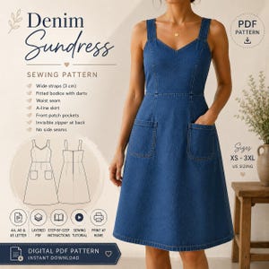 Patrón de costura en PDF para vestido de verano de mujer / Vestido de tirantes anchos / Bolsillos de parche / Descarga instantánea / Patrón de costura en PDF imprimible