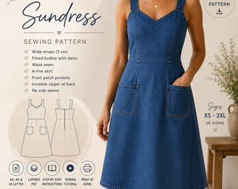 Women's Sundress Sewing Pattern PDF | Wide Strap Dress | Patch Pockets | Instant Download | Printable PDF Sewing Pattern