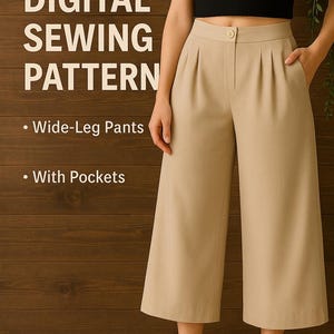 PDF Wide Leg Cropped Pants/ Pants Sewing Pattern/ Pleated Pants With Pockets Sewing Pattern/Cropped Length Pants Pattern, Palazzo Pants PDF
