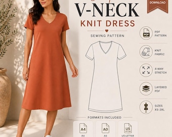 Easy Knit Dress PDF Pattern | Short Sleeve A-Line Dress | Sewing Pattern XS-3XL, Digital Sewing Pattern,
