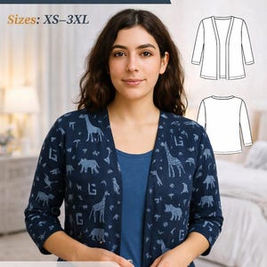 PDF 縫製パターン クロップドオープンフロントトップ、3/4スリーブクロップドジャケットパターン、ブラウスパターン デジタルパターン、クロップドトップ PDF パターン