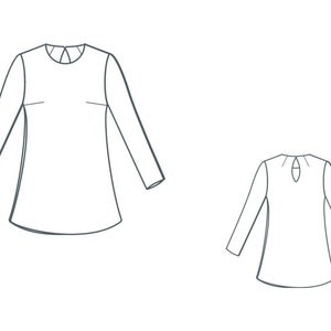 Peut inclure: Dessin au trait d'une chemise à manches longues avec un col rond. La chemise est représentée de face et de dos.