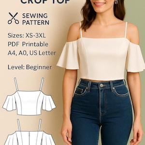 PDF-patroon met uitgesneden schouder, cropped top, wijde mouw top zonder schouders digitaal patroon, cold-shoulder toppatroon, blouse met open schouder