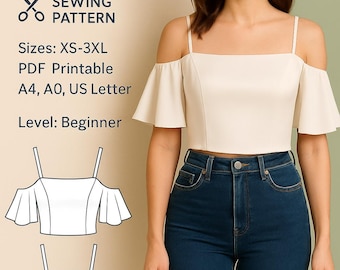 Patrón de blusa corta con hombros descubiertos (PDF), patrón digital de blusa sin hombros y mangas anchas, patrón de blusa con hombros descubiertos, patrón de blusa con hombros descubiertos (PDF)