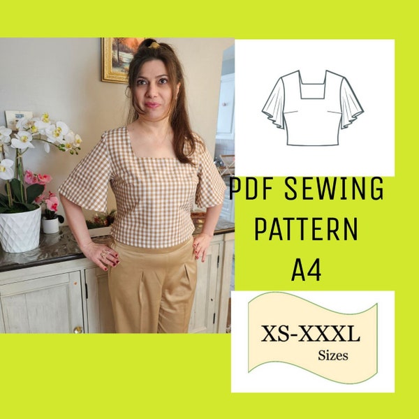 PDF Square Neck Top Pattern, Cropped Top Sewing Pattern, Flared Sleeve Top Digital Pattern, Blouse Top Pattern, Midriff Top Sewing Pattern