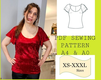 Raglan Sleeve Top & Gathered Skirt Knit PDF Sewing Pattern, 2 Pieces Set Digital Sewing Pattern, Knit Skirt and Top PDF Pattern, Blouse, Tee