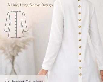 PDF Long Sleeve Top Pattern/ Top Sewing Pattern PDF/ Back Button Long Sleeve Top Sewing Pattern Long Sleeve Tee Pattern, Tunic PDF Pattern