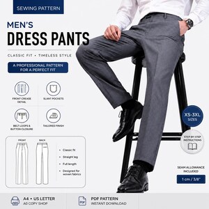 Men Pants Pattern, Men's Dress Pants Sewing Pattern PDF | Classic Straight Leg Trousers Pattern | Tailored Slacks | XS-3XL | A4 A0 US Letter