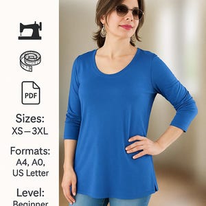 PDF Knit Tunic Sewing Pattern, Top sewing Pattern Tunic Length, Round Neck Top PDF Pattern,  Sewing Pattern Women, Tee Sewing Pattern Easy