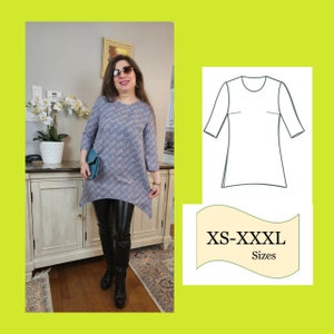 Patrón de costura PDF de camiseta con dobladillo asimétrico, Patrón de costura para mujer, Patrón de costura PDF Top, Patrón de costura de blusa, Patrón de camiseta, Patrón superior
