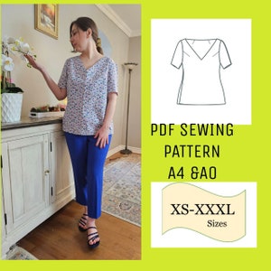 Pdf V Neck Top Women, Sewing pattern pdf, summer comfy Top for ladies, Digital Pattern, Blouse Pattern, Shirt pattern for women, Patternered