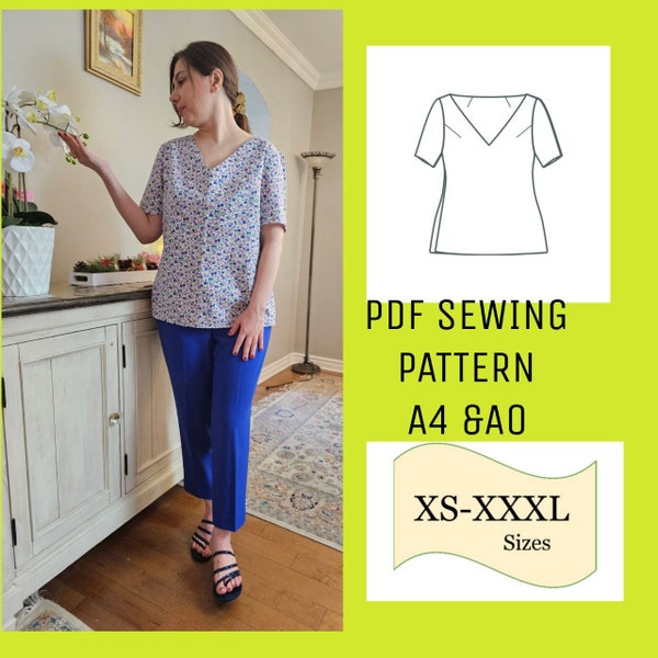 Pdf V Neck Top Women, Sewing pattern pdf, summer comfy Top for ladies, Digital Pattern, Blouse Pattern, Shirt pattern for women, Top pattern