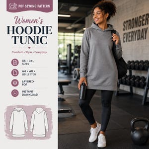 Peut inclure: Une tunique à capuche grise à manches longues avec une capuche et un ourlet long. L'image contient le texte : PDF SEWING PATTERN, Women's HOODIE TUNIC, Comfort Style Everyday, XS-3XL SIZES, A4 A0 US LETTER, LAYERED PDF, INSTANT DOWNLOAD.