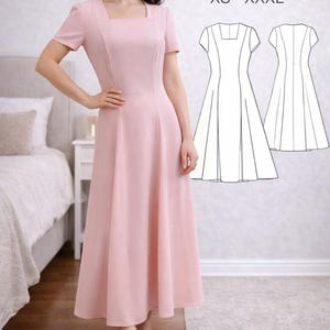 PDF Flared Dress Sewing Pattern, Midi Dress Short Sleeve Dress, Princess Square Neck Dress Digital Sewing Pattern, Maxi Dress Patternered